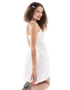 Monki Babydoll Shirred Tie Up Strappy Bandeau Mini Dress In White For Women 9 Monki Babydoll Shirred Tie Up Strappy Bandeau Mini Dress In White For Women -Monki Shop 206445092 3