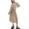 Monki Midaxi Belted Shirt Dress In Light Brown Ditsy Print For Women Multi