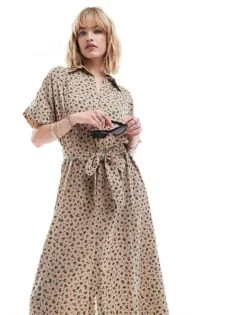Monki Midaxi Belted Shirt Dress In Light Brown Ditsy Print For Women Multi -Monki Shop 206445119 4