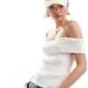 Monki Rib Knit Off Shoulder Foldover In White For Women