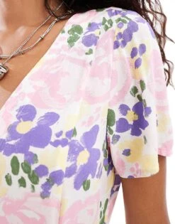 Monki Button Through Mini Dress With V Neck In Floral Print For Women Multi -Monki Shop 206468148 3