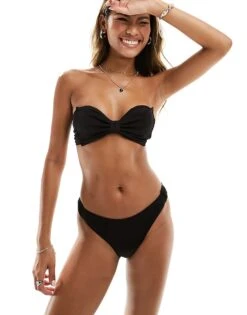 Monki Mix And Match Crinkle Bow Front Bandeau Bikini Top And Bottoms