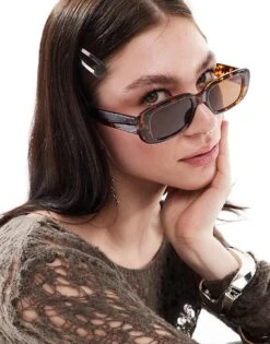 Monki Small Rectangle Sunglasses In Brown Tortoise For Women
