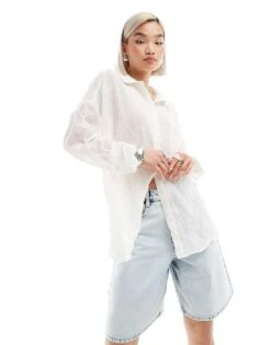 Monki Sheer Crinkle Oversized Shirt In Off-white For Women -Monki Shop 206562925 1 offwhite 1
