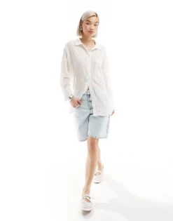 Monki Sheer Crinkle Oversized Shirt In Off-white For Women -Monki Shop 206562925 3