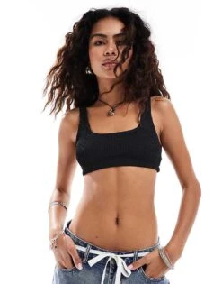 Monki Textured Crinkle Scoop Neck Bikini Top In Black For Women