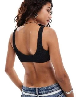 Monki Textured Crinkle Scoop Neck Bikini Top In Black For Women -Monki Shop 206562968 4