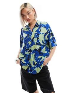 Monki Short Sleeve Boxy Shirt In Blue And Green Collage Print For Women Mutli 11 Monki Short Sleeve Boxy Shirt In Blue And Green Collage Print For Women Mutli -Monki Shop 206562996 1 mutli 1