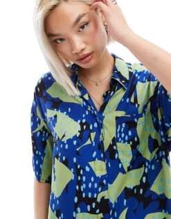 Monki Short Sleeve Boxy Shirt In Blue And Green Collage Print For Women Mutli 8 Monki Short Sleeve Boxy Shirt In Blue And Green Collage Print For Women Mutli -Monki Shop 206562996 2