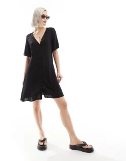 Monki Button Through Mini Dress In Black For Women
