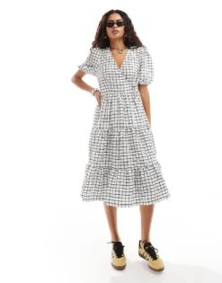 Monki Wrap Midi Smock Dress With Tiered Hem In White And Black Pane Check For Women Mono Check Print