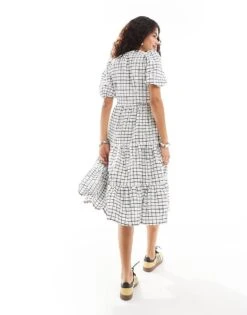 Monki Wrap Midi Smock Dress With Tiered Hem In White And Black Pane Check For Women Mono Check Print -Monki Shop 206563013 3