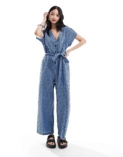 Monki Seersucker Tie Waist Jumpsuit In Blue And Black Gingham For Women Multi -Monki Shop 206563024 1 multi 1