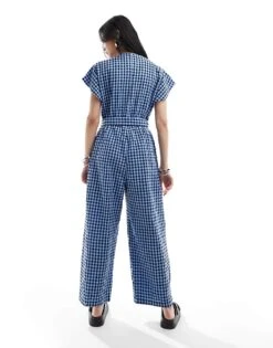 Monki Seersucker Tie Waist Jumpsuit In Blue And Black Gingham For Women Multi -Monki Shop 206563024 2