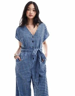 Monki Seersucker Tie Waist Jumpsuit In Blue And Black Gingham For Women Multi -Monki Shop 206563024 4