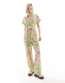 Monki Tie Waist Jumpsuit In Abstract Hearts Print For Women Multi