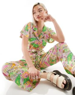 Monki Tie Waist Jumpsuit In Abstract Hearts Print For Women Multi -Monki Shop 206563038 3