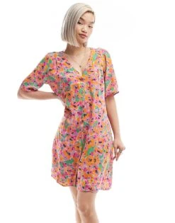Monki Button Through Mini Dress In Abstract Floral Print For Women -Monki Shop 206563106 1 abstractfloral 1