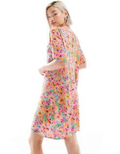 Monki Button Through Mini Dress In Abstract Floral Print For Women -Monki Shop 206563106 3