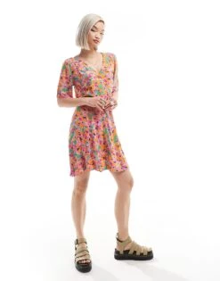 Monki Button Through Mini Dress In Abstract Floral Print For Women -Monki Shop 206563106 4