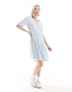 Monki Button Through Mini Sun Dress In Blue Flowers Print For Women Blue Floral Print