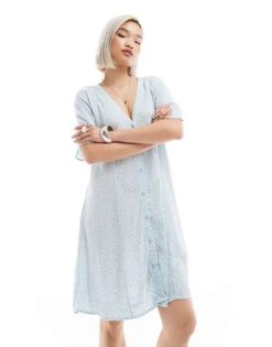 Monki Button Through Mini Sun Dress In Blue Flowers Print For Women Blue Floral Print -Monki Shop 206563123 4