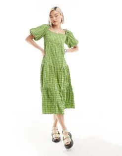 Monki Tiered Midi Sun Dress With Open Back In Green Pane Check For Women Green Check -Monki Shop 206563140 1 greencheck 1