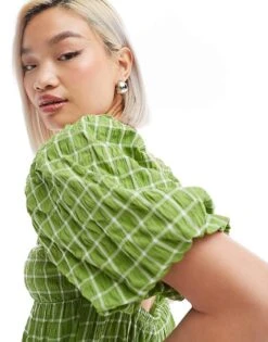 Monki Tiered Midi Sun Dress With Open Back In Green Pane Check For Women Green Check -Monki Shop 206563140 3