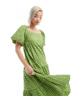 Monki Tiered Midi Sun Dress With Open Back In Green Pane Check For Women Green Check -Monki Shop 206563140 4
