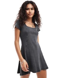 Monki Rib Jersey Mini Dress With Square Neck In Washed Black For Women -Monki Shop 206606275 1 washedblack 1