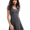 Monki Rib Jersey Mini Dress With Square Neck In Washed Black For Women