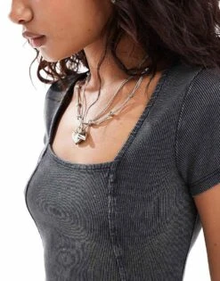 Monki Rib Jersey Mini Dress With Square Neck In Washed Black For Women -Monki Shop 206606275 2