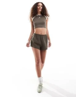 Monki Short Sleeve Cropped Slim Fit Tee In Brown With White Contrast Sleeves For Women Brown Multi -Monki Shop 206606302 2