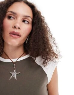 Monki Short Sleeve Cropped Slim Fit Tee In Brown With White Contrast Sleeves For Women Brown Multi -Monki Shop 206606302 3