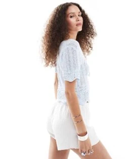 Monki Short Sleeve Crochet Tie Front Knit Top In Light Blue For Women 8 Monki Short Sleeve Crochet Tie Front Knit Top In Light Blue For Women -Monki Shop 206606356 2