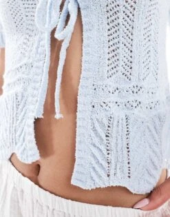 Monki Short Sleeve Crochet Tie Front Knit Top In Light Blue For Women 10 Monki Short Sleeve Crochet Tie Front Knit Top In Light Blue For Women -Monki Shop 206606356 4