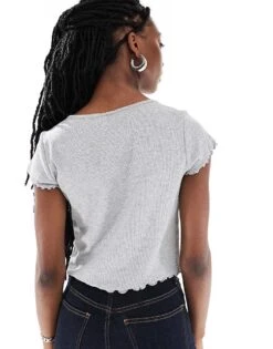 Monki Short Sleeve Button Down Lettuce Edge Top In Grey Melange For Women -Monki Shop 206606377 3