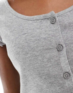 Monki Short Sleeve Button Down Lettuce Edge Top In Grey Melange For Women -Monki Shop 206606377 4