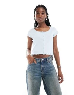 Monki Short Sleeve Button Down Lettuce Edge Top In Light Blue For Women -Monki Shop 206606386 1 lightblue 1