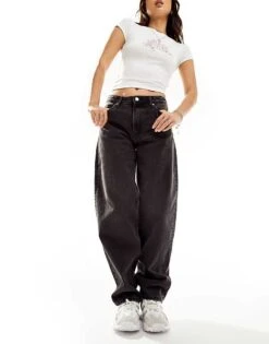 Monki Uma Mid Waist Barrel Jeans In Washed Black For Women -Monki Shop 206606405 1 washedblack 1