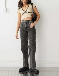 Monki Aimo Mid Waist Straight Leg Jeans In Acid Black For Women