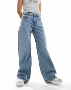 Monki Paz Mid Waist Loose Wide Leg Jeans In Mid Blue For Women -Monki Shop 206606430 1 midblue 1