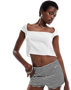 Monki Short Sleeve Square Neck With Open Back Top In Off White For Women -Monki Shop 206606477 1 offwhite 1