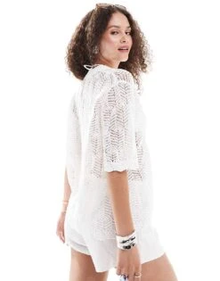 Monki Short Sleeve Button Down Crochet Knit Shirt In White For Women -Monki Shop 206607879 4