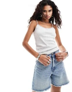 Monki Strappy Pointelle Vest Top With Lace Trim In Light Grey Melange For Women