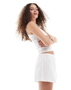 Monki Waffle Texture Pull On Shorts In White For Women