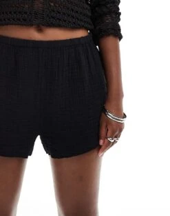 Monki Crinkle Textured Pull On Elastic Waistband Shorts In Black For Women -Monki Shop 206607935 5