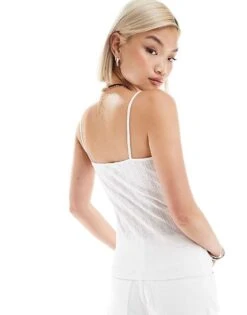 Monki Strappy Pointelle Vest Top With Lace Trim In White For Women -Monki Shop 206607943 4