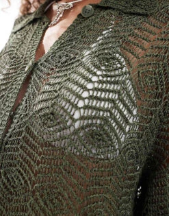 Monki Short Sleeve Button Down Crochet Knit Shirt In Green For Women Khaki Green -Monki Shop 206608019 4