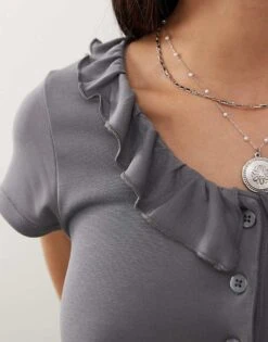 Monki Drapey Jersey Mini Dress With Button Front Ruffle Neckline In Grey For Women -Monki Shop 206608073 3